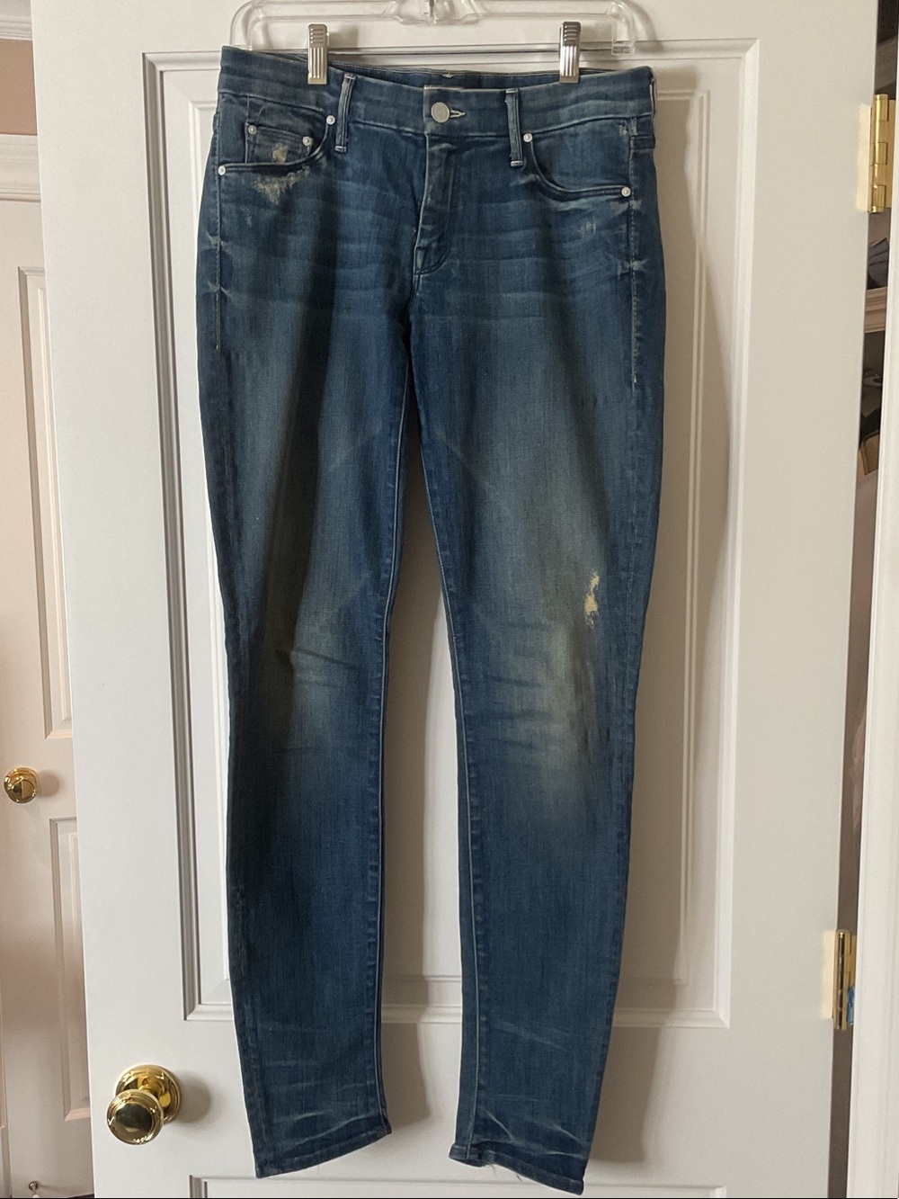 MOTHER Slim Skinny Jeans in Distressed Dark Blue